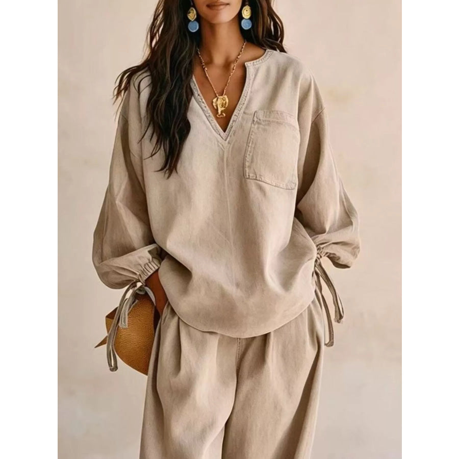 Relaxed Fit Drawstring Sleeve Detail Top and Pants Denim Set