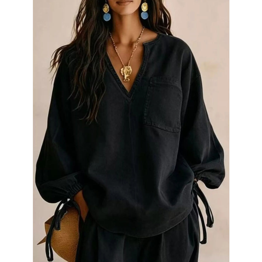 Relaxed Fit Drawstring Sleeve Detail Top and Pants Denim Set