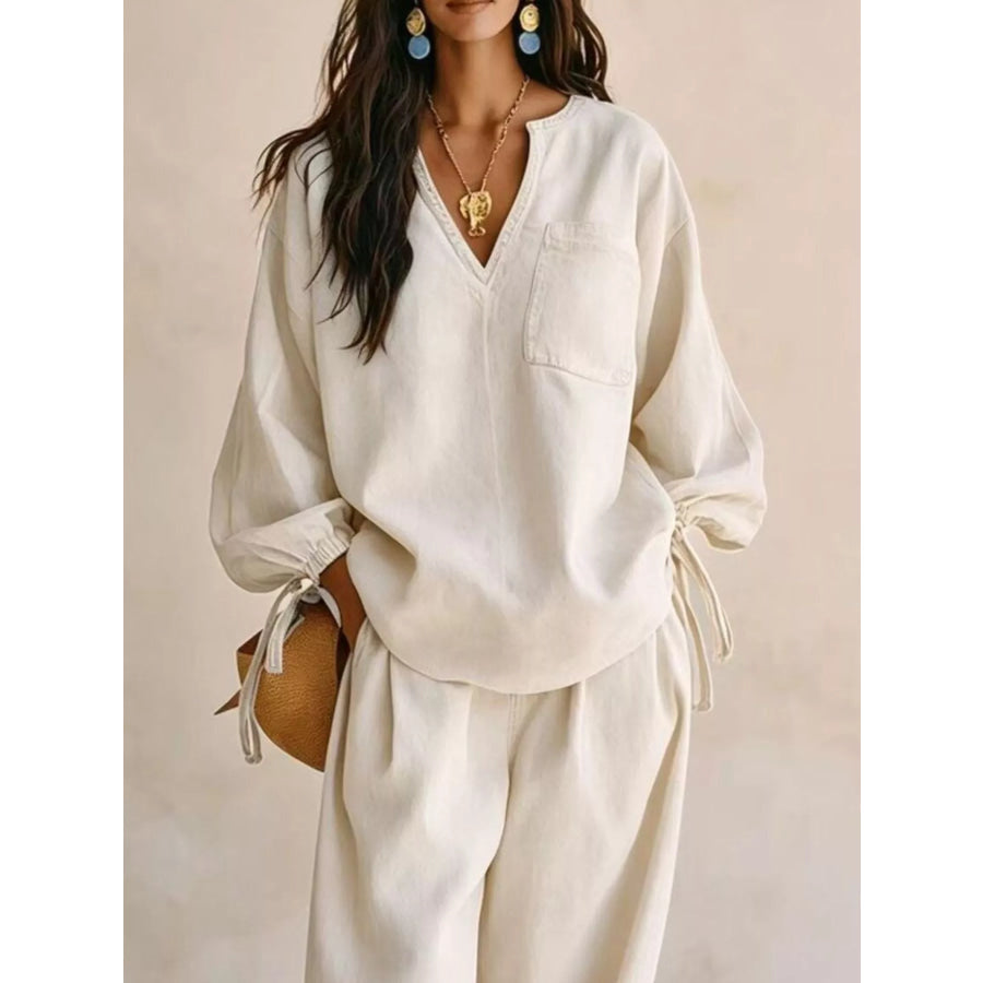 Relaxed Fit Drawstring Sleeve Detail Top and Pants Denim Set