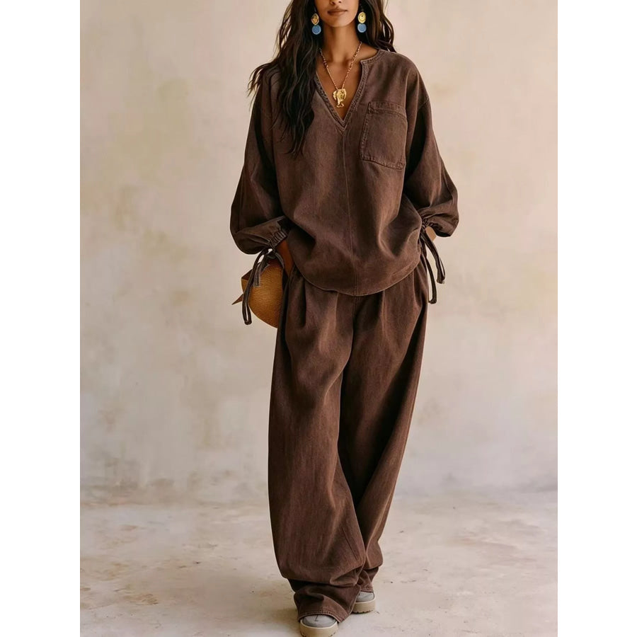 Relaxed Fit Drawstring Sleeve Detail Top and Pants Denim Set