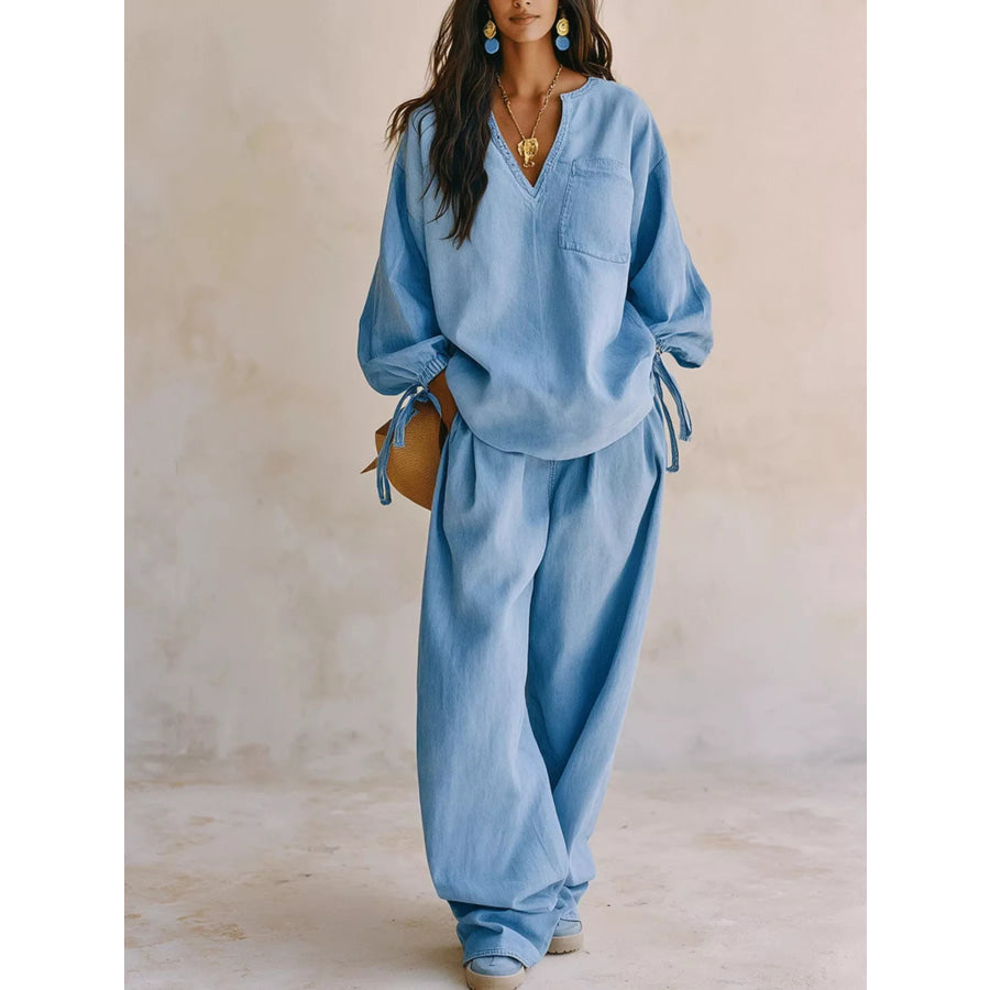 Relaxed Fit Drawstring Sleeve Detail Top and Pants Denim Set