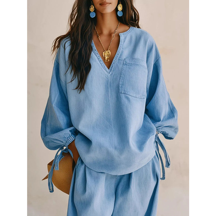 Relaxed Fit Drawstring Sleeve Detail Top and Pants Denim Set