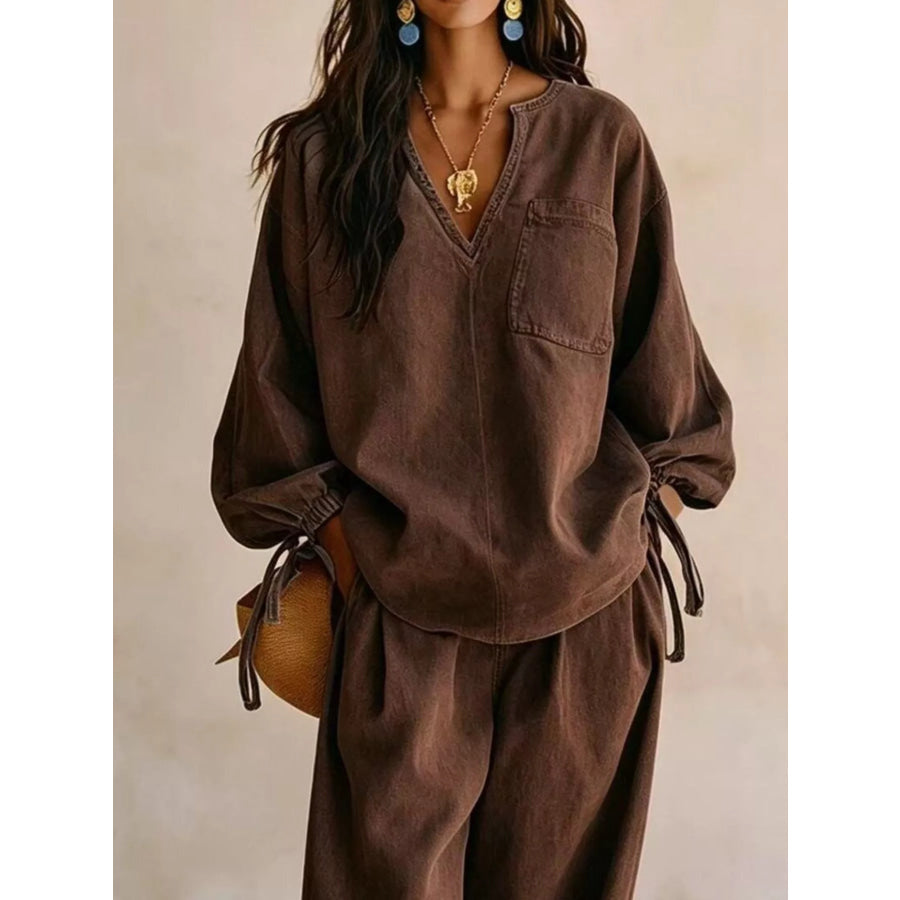 Relaxed Fit Drawstring Sleeve Detail Top and Pants Denim Set