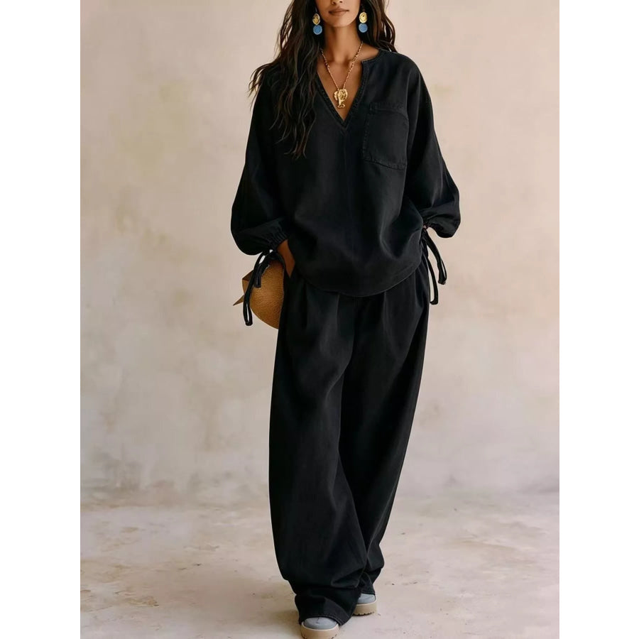 Relaxed Fit Drawstring Sleeve Detail Top and Pants Denim Set