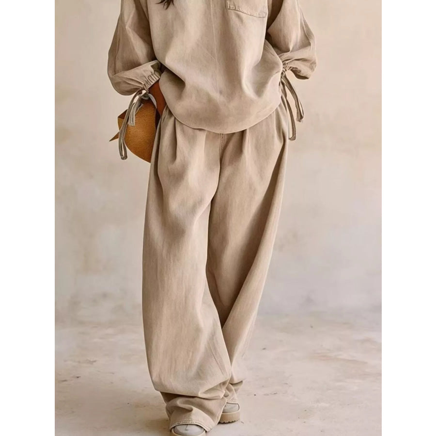 Relaxed Fit Drawstring Sleeve Detail Top and Pants Denim Set
