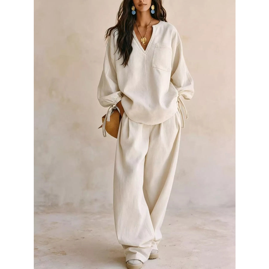 Relaxed Fit Drawstring Sleeve Detail Top and Pants Denim Set