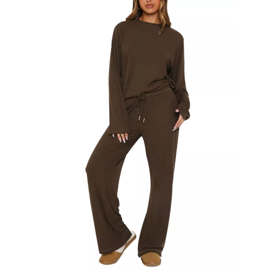 Relaxed Fit Long Sleeve Top and Pants Set Brown / S Apparel and Accessories