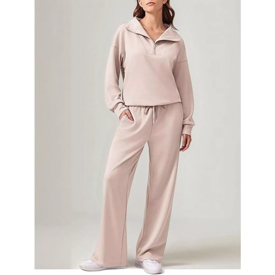 Relaxed Fit Quarter-Zip Top and Pants Set Apricot / S Apparel and Accessories