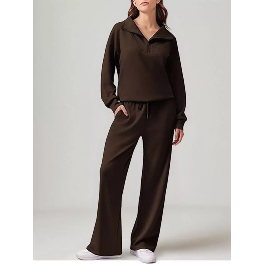 Relaxed Fit Quarter-Zip Top and Pants Set Dark Brown / S Apparel and Accessories