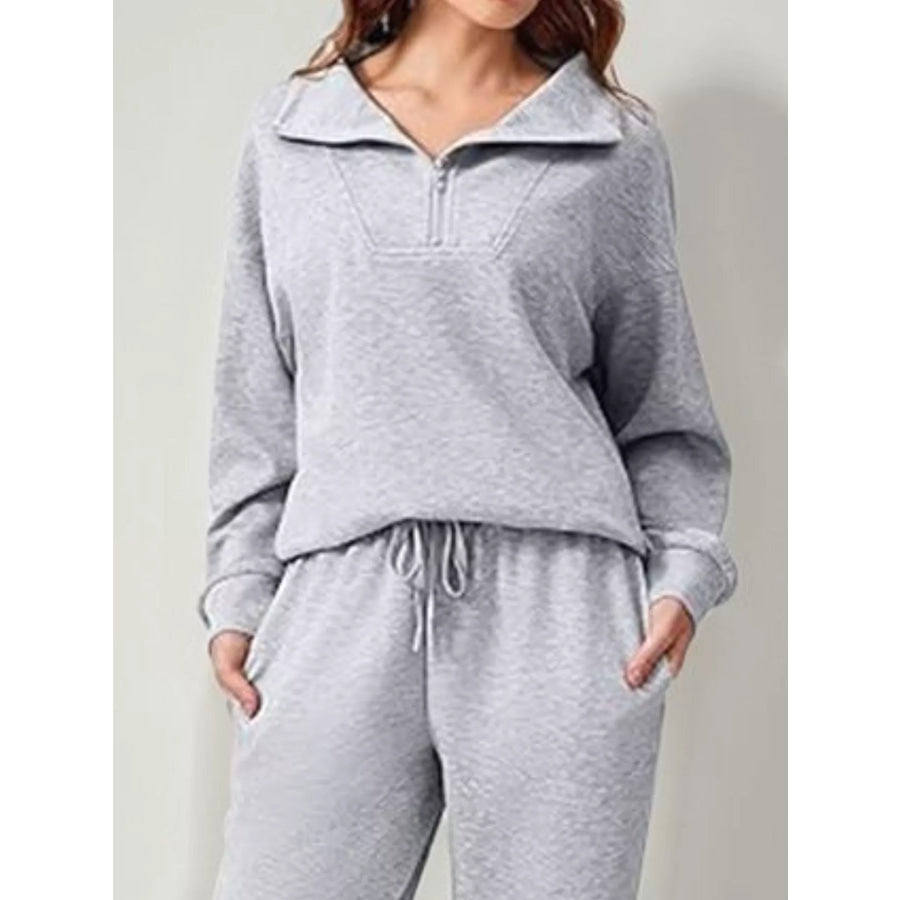 Relaxed Fit Quarter-Zip Top and Pants Set Light Gray / S Apparel and Accessories