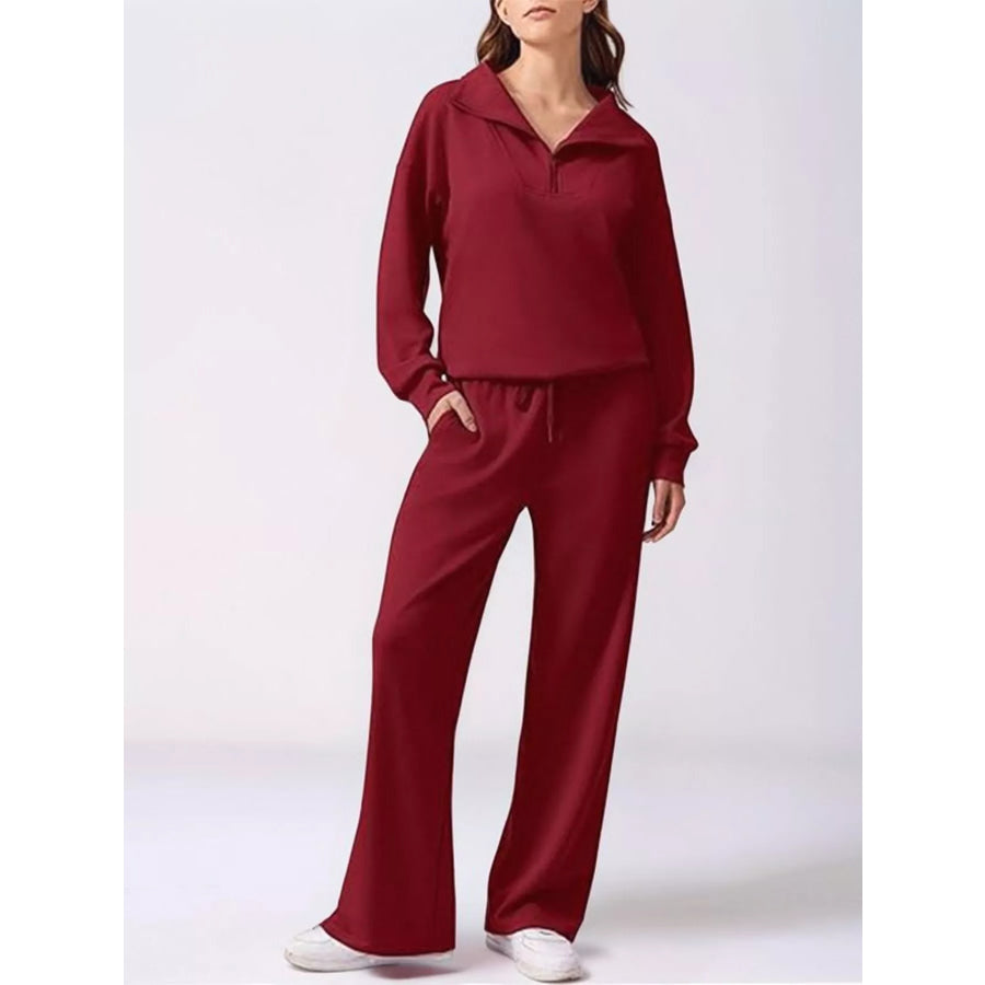 Relaxed Fit Quarter-Zip Top and Pants Set Wine Red / S Apparel and Accessories