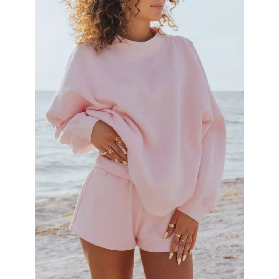 Relaxed Fit Round Neck Sweatshirt and Shorts Set Blush Pink / S Apparel and Accessories