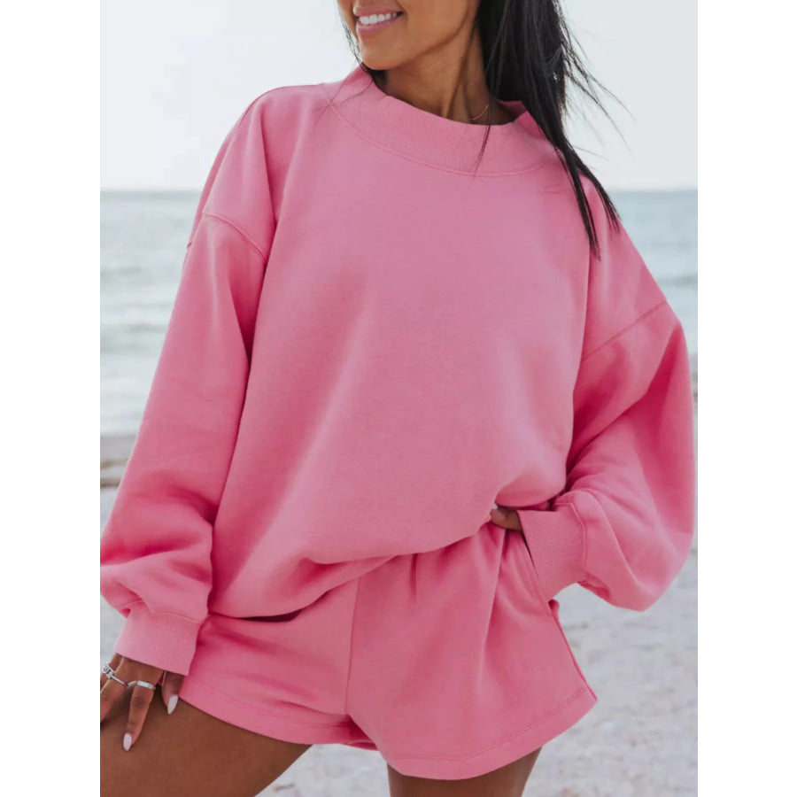 Relaxed Fit Round Neck Sweatshirt and Shorts Set Pink / S Apparel and Accessories
