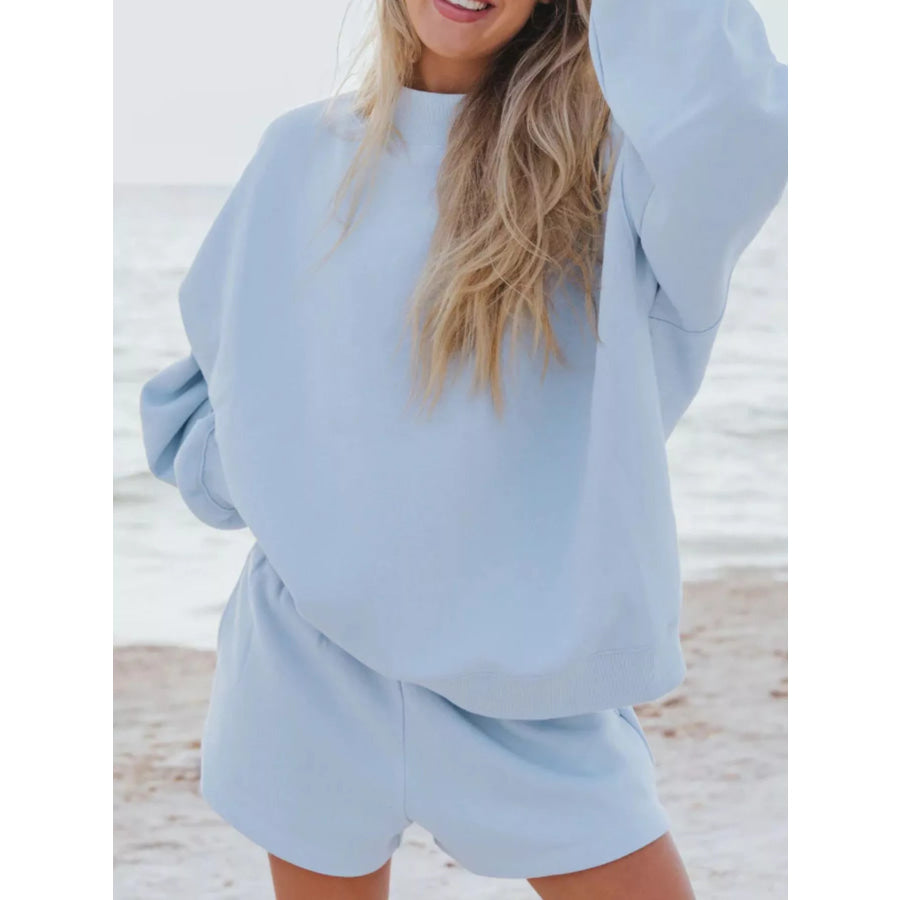Relaxed Fit Round Neck Sweatshirt and Shorts Set Sky Blue / S Apparel and Accessories