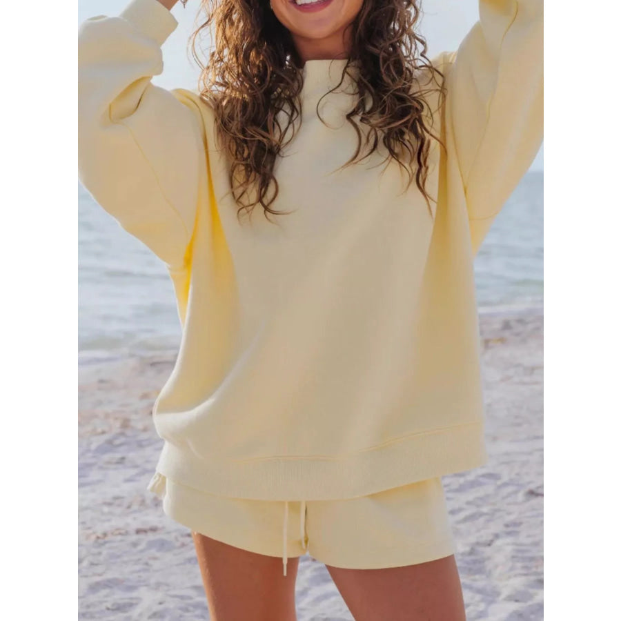 Relaxed Fit Round Neck Sweatshirt and Shorts Set Yellow / S Apparel and Accessories