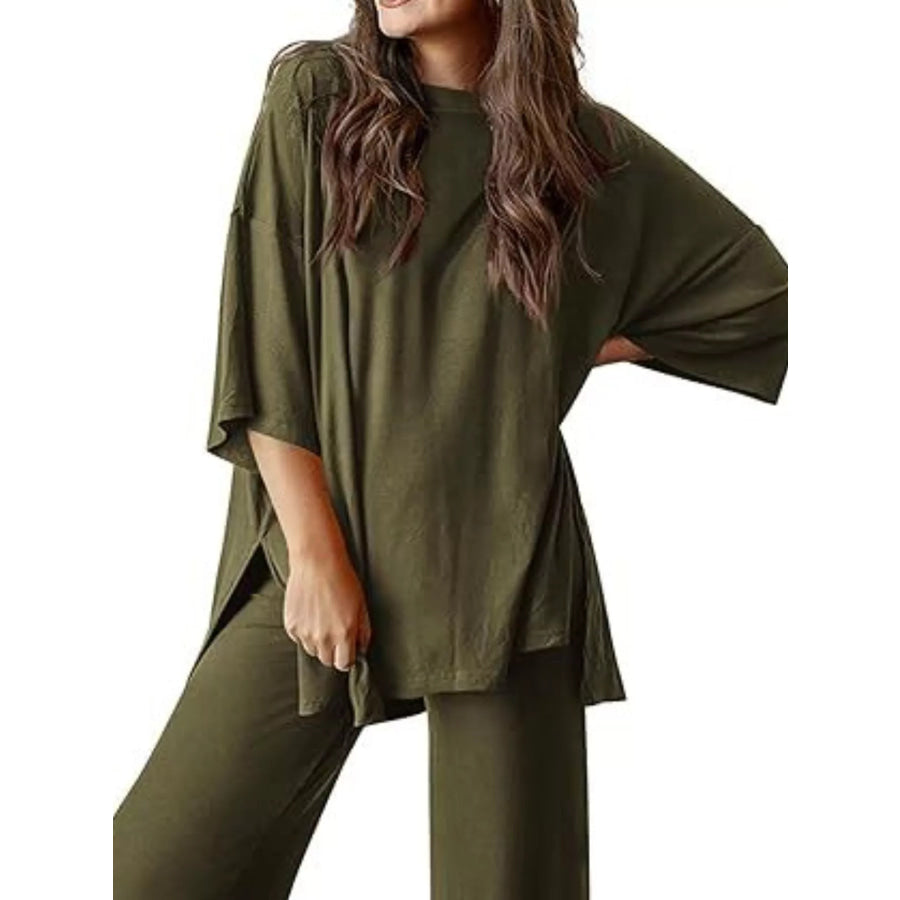 Relaxed Fit Round Neck Top and Pants Two-Piece Set Apparel and Accessories