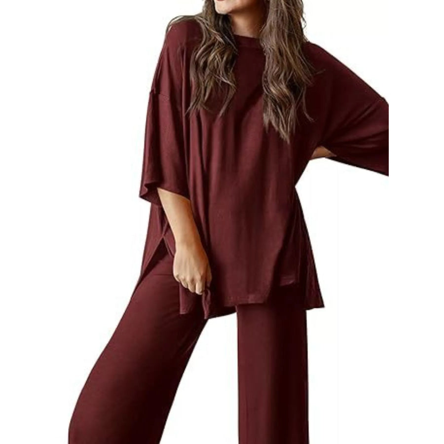 Relaxed Fit Round Neck Top and Pants Two-Piece Set Apparel and Accessories