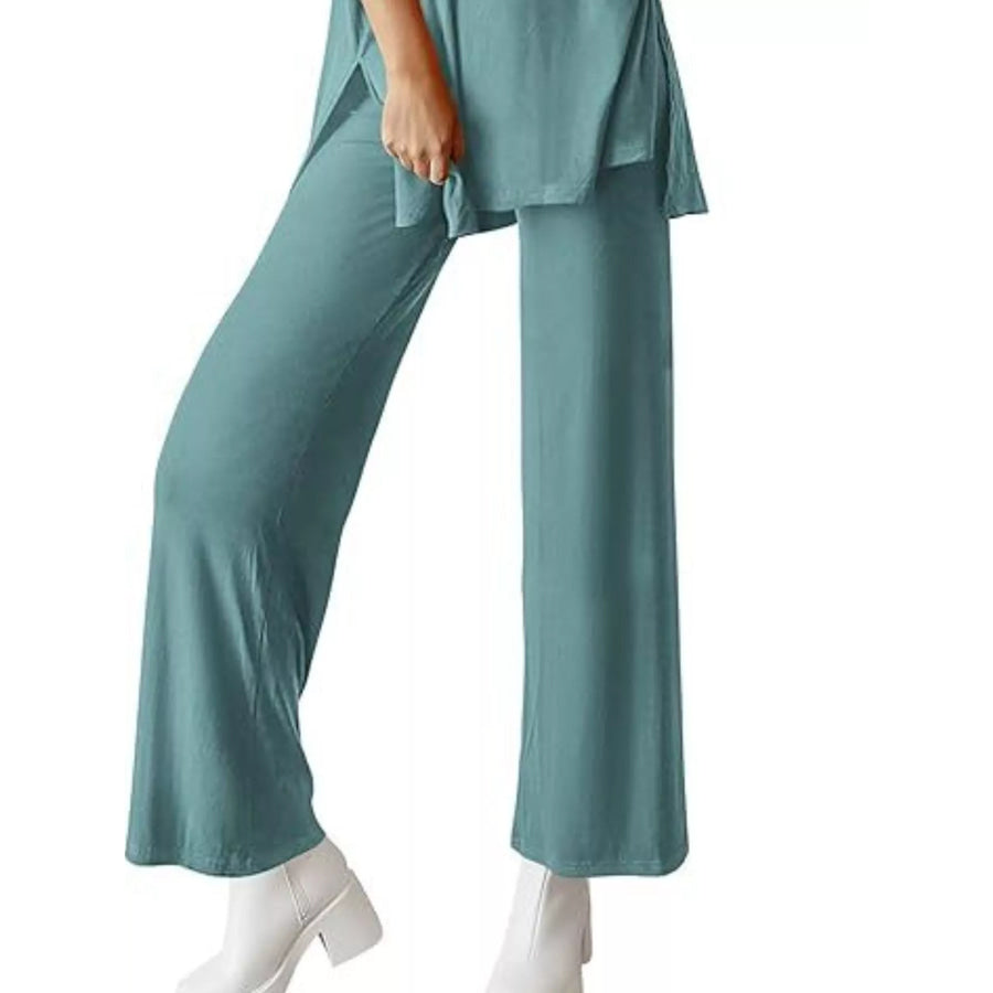 Relaxed Fit Round Neck Top and Pants Two-Piece Set Apparel and Accessories