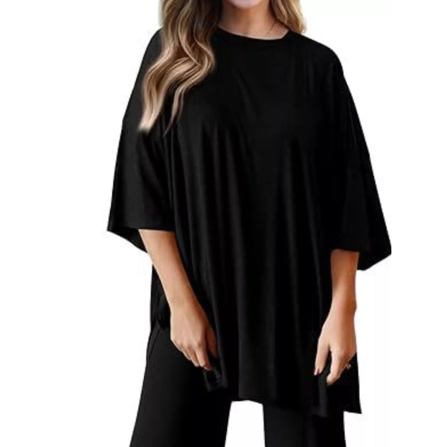 Relaxed Fit Round Neck Top and Pants Two-Piece Set Apparel and Accessories