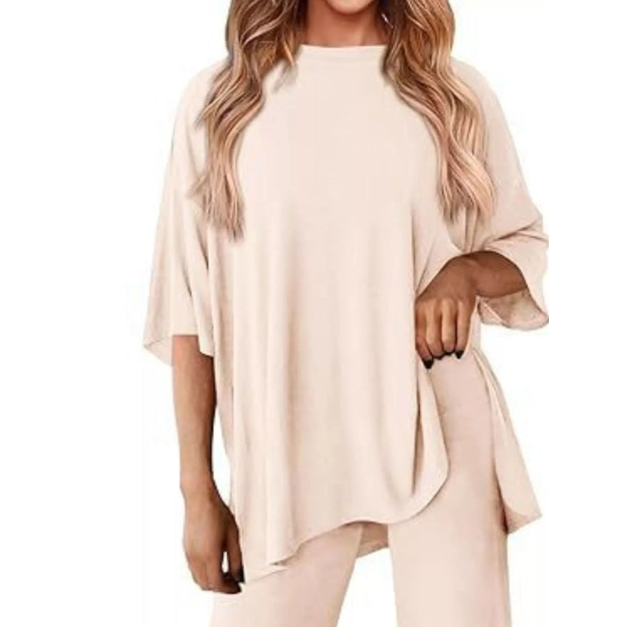 Relaxed Fit Round Neck Top and Pants Two-Piece Set Apparel and Accessories