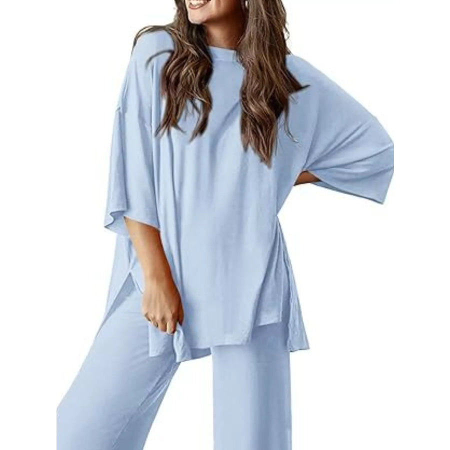 Relaxed Fit Round Neck Top and Pants Two-Piece Set Apparel and Accessories