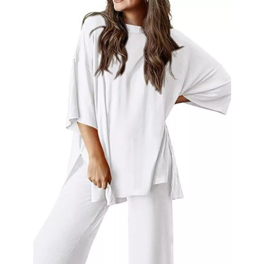 Relaxed Fit Round Neck Top and Pants Two-Piece Set Apparel and Accessories