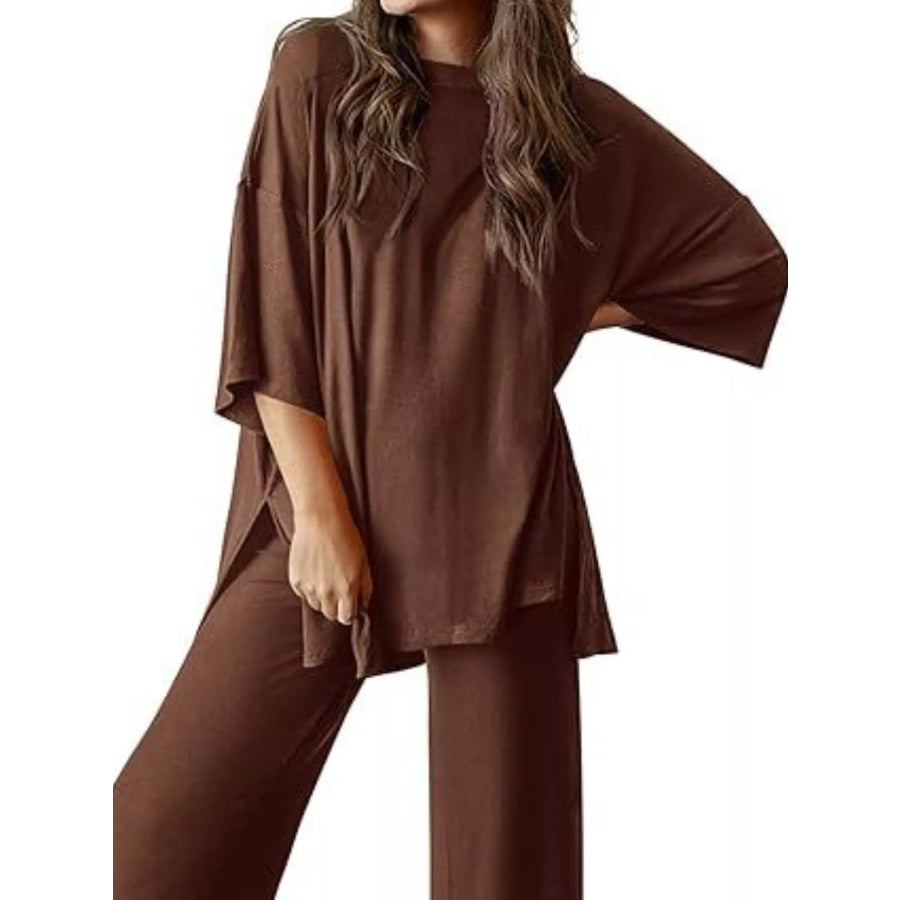Relaxed Fit Round Neck Top and Pants Two-Piece Set Apparel and Accessories