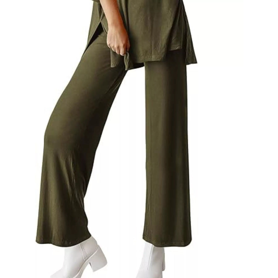 Relaxed Fit Round Neck Top and Pants Two-Piece Set Apparel and Accessories