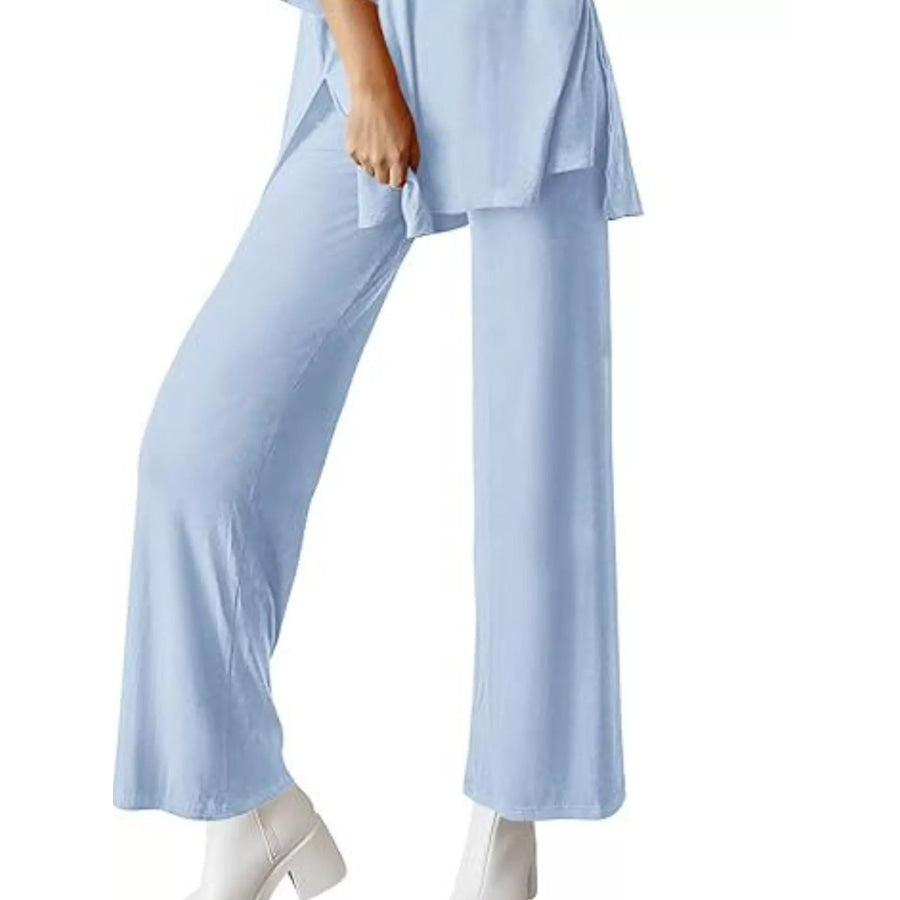 Relaxed Fit Round Neck Top and Pants Two-Piece Set Apparel and Accessories