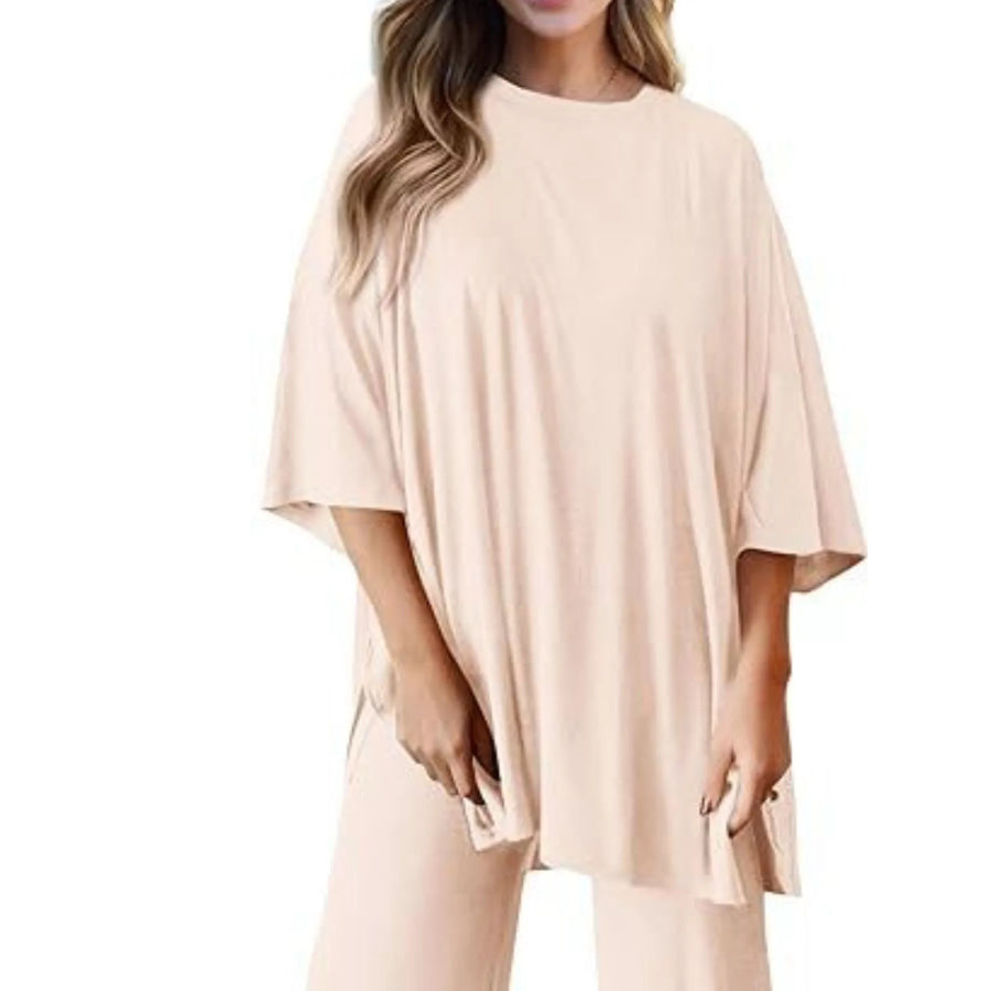 Relaxed Fit Round Neck Top and Pants Two-Piece Set Apparel and Accessories
