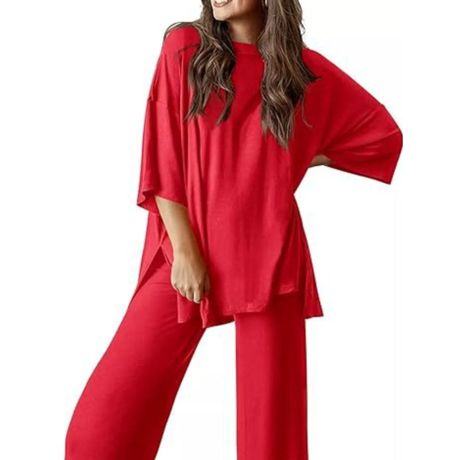 Relaxed Fit Round Neck Top and Pants Two-Piece Set Apparel and Accessories