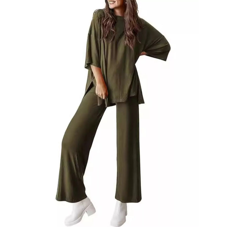 Relaxed Fit Round Neck Top and Pants Two-Piece Set Army Green / S Apparel and Accessories
