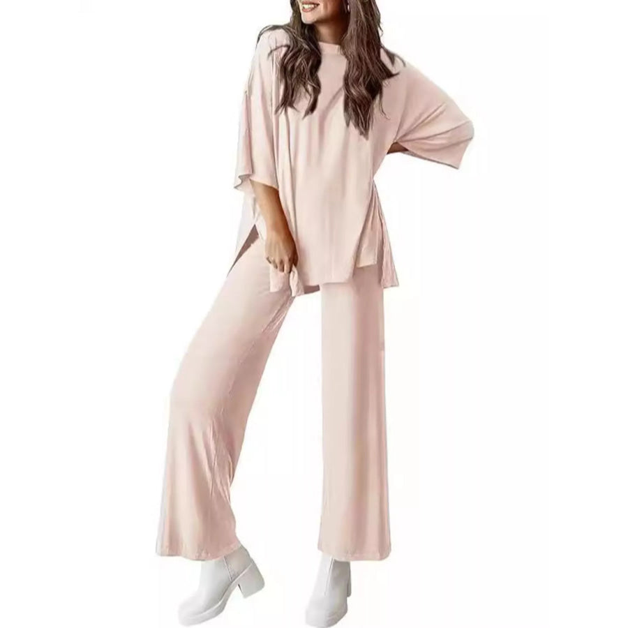 Relaxed Fit Round Neck Top and Pants Two-Piece Set Beige / S Apparel and Accessories