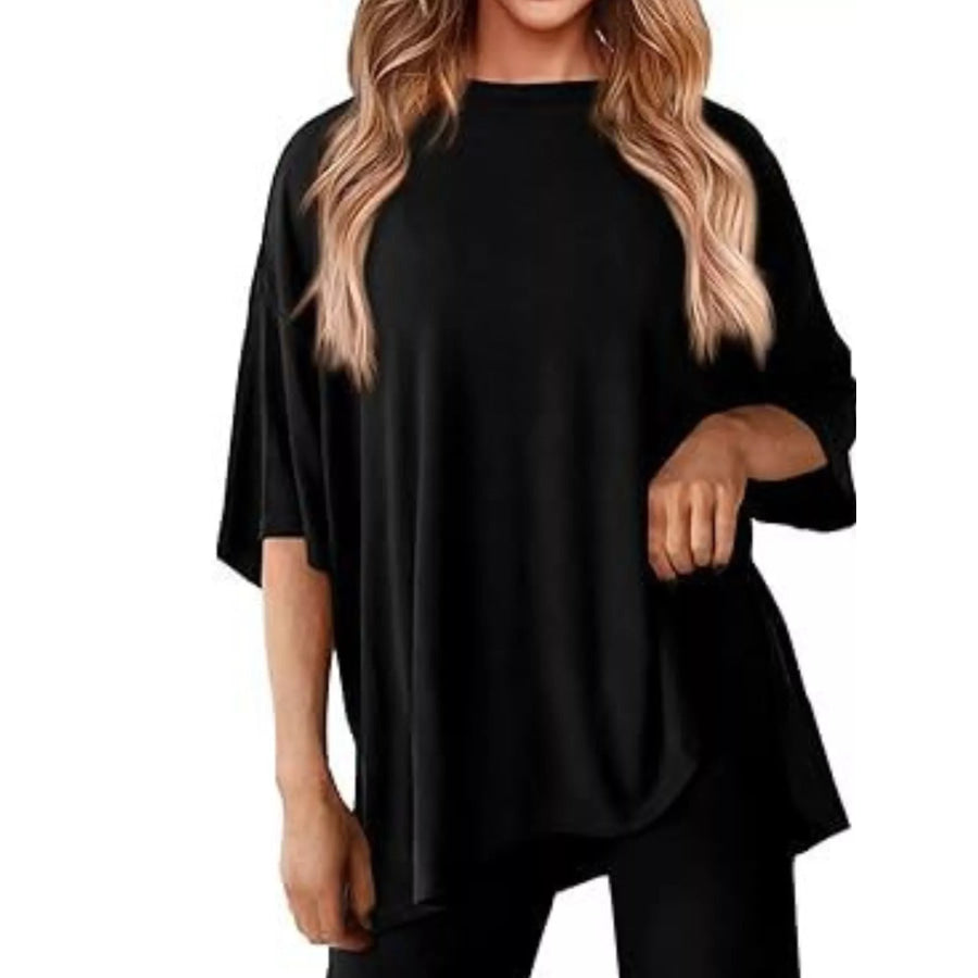 Relaxed Fit Round Neck Top and Pants Two-Piece Set Black / S Apparel and Accessories