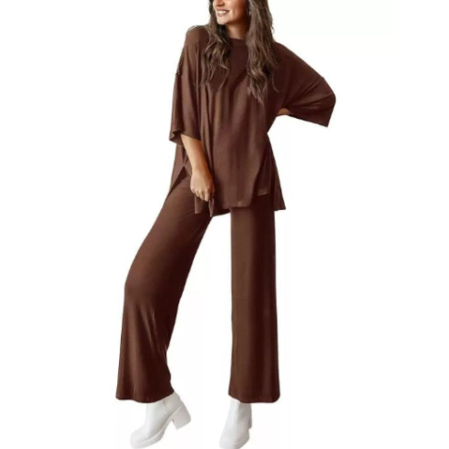 Relaxed Fit Round Neck Top and Pants Two-Piece Set Coffee / S Apparel and Accessories