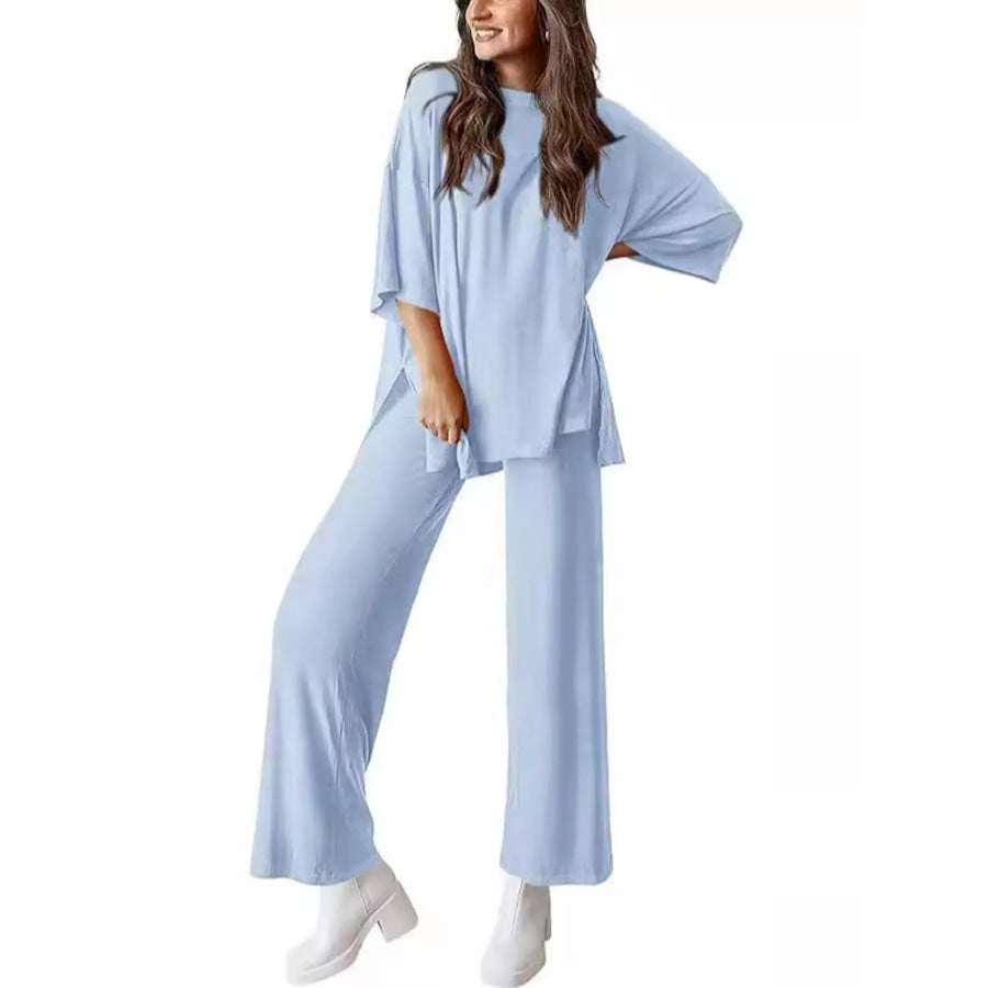 Relaxed Fit Round Neck Top and Pants Two-Piece Set Light Blue / S Apparel and Accessories