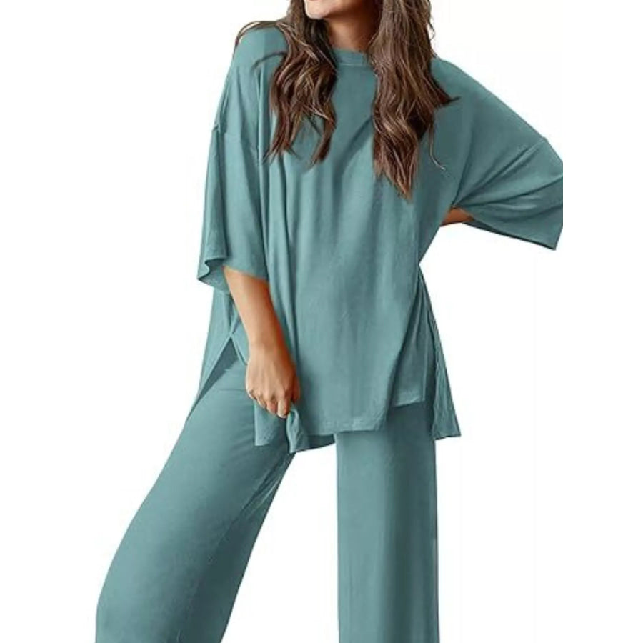 Relaxed Fit Round Neck Top and Pants Two-Piece Set Peacock Green / S Apparel and Accessories