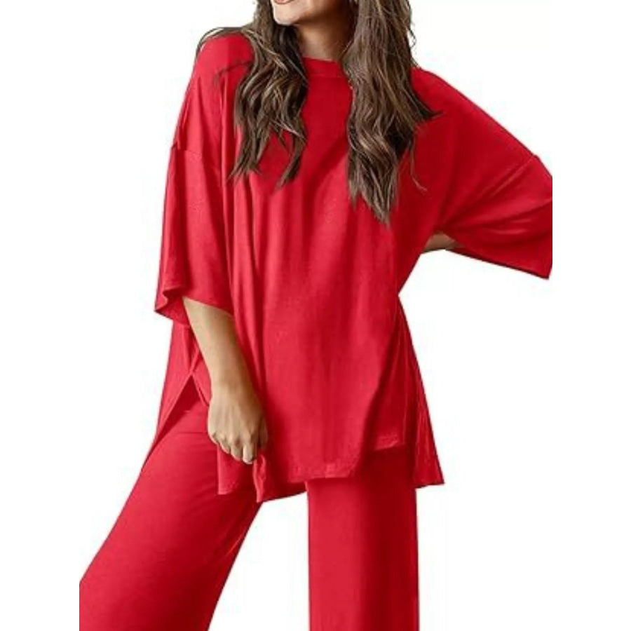 Relaxed Fit Round Neck Top and Pants Two-Piece Set Red / S Apparel and Accessories
