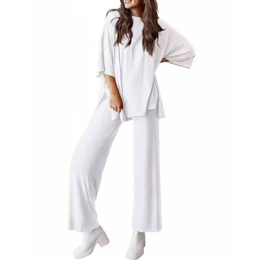 Relaxed Fit Round Neck Top and Pants Two-Piece Set White / S Apparel and Accessories