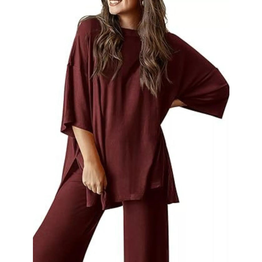 Relaxed Fit Round Neck Top and Pants Two-Piece Set Wine Red / S Apparel and Accessories