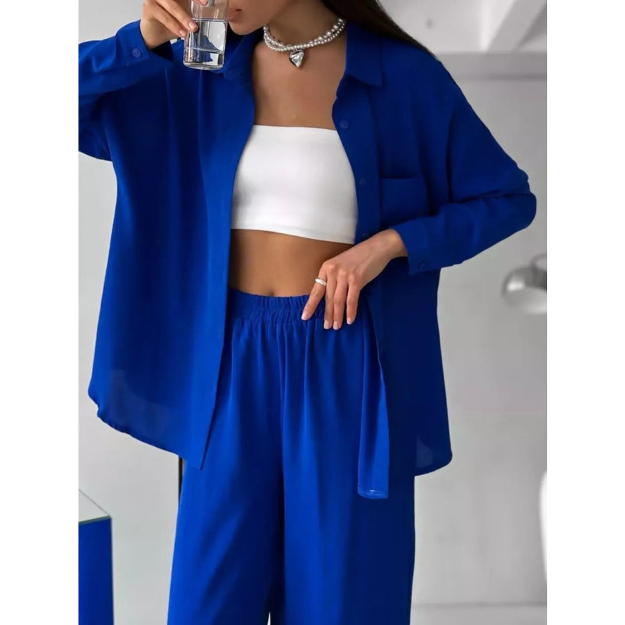 Relaxed Fit Shirt and Wide Leg Pants Set Apparel and Accessories