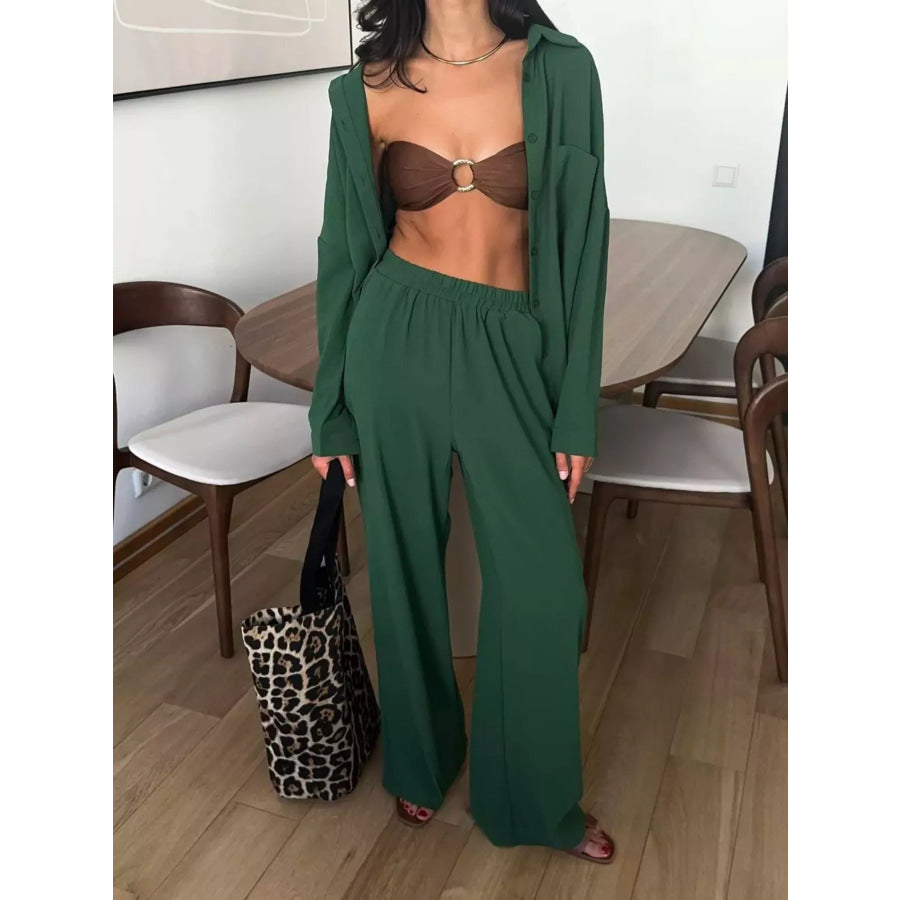 Relaxed Fit Shirt and Wide Leg Pants Set Apparel and Accessories