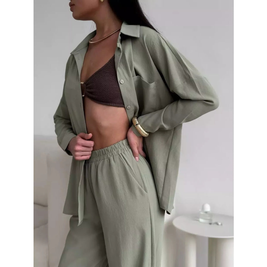 Relaxed Fit Shirt and Wide Leg Pants Set Apparel and Accessories