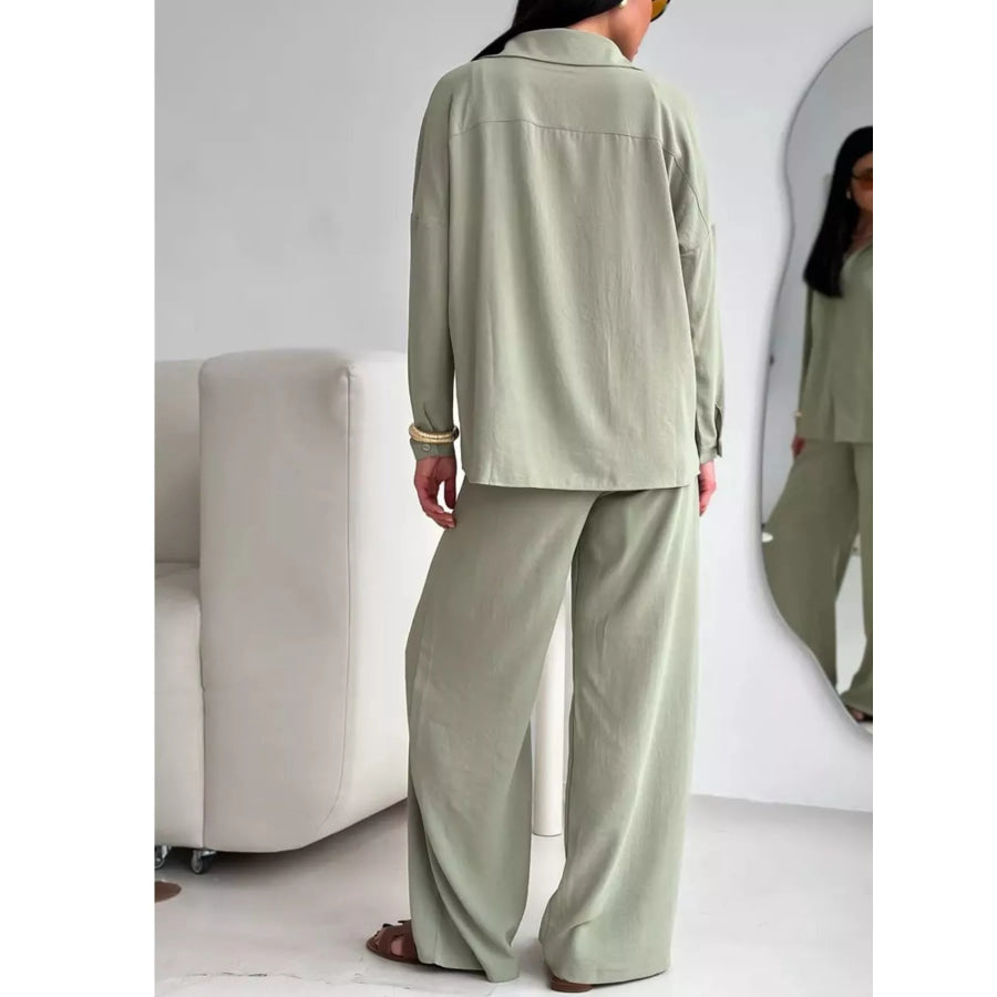 Relaxed Fit Shirt and Wide Leg Pants Set Apparel and Accessories