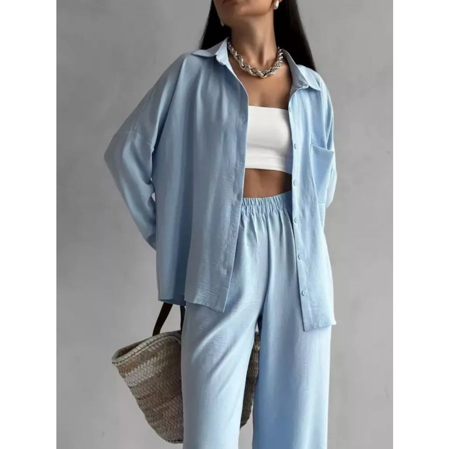 Relaxed Fit Shirt and Wide Leg Pants Set Light Blue / S Apparel and Accessories