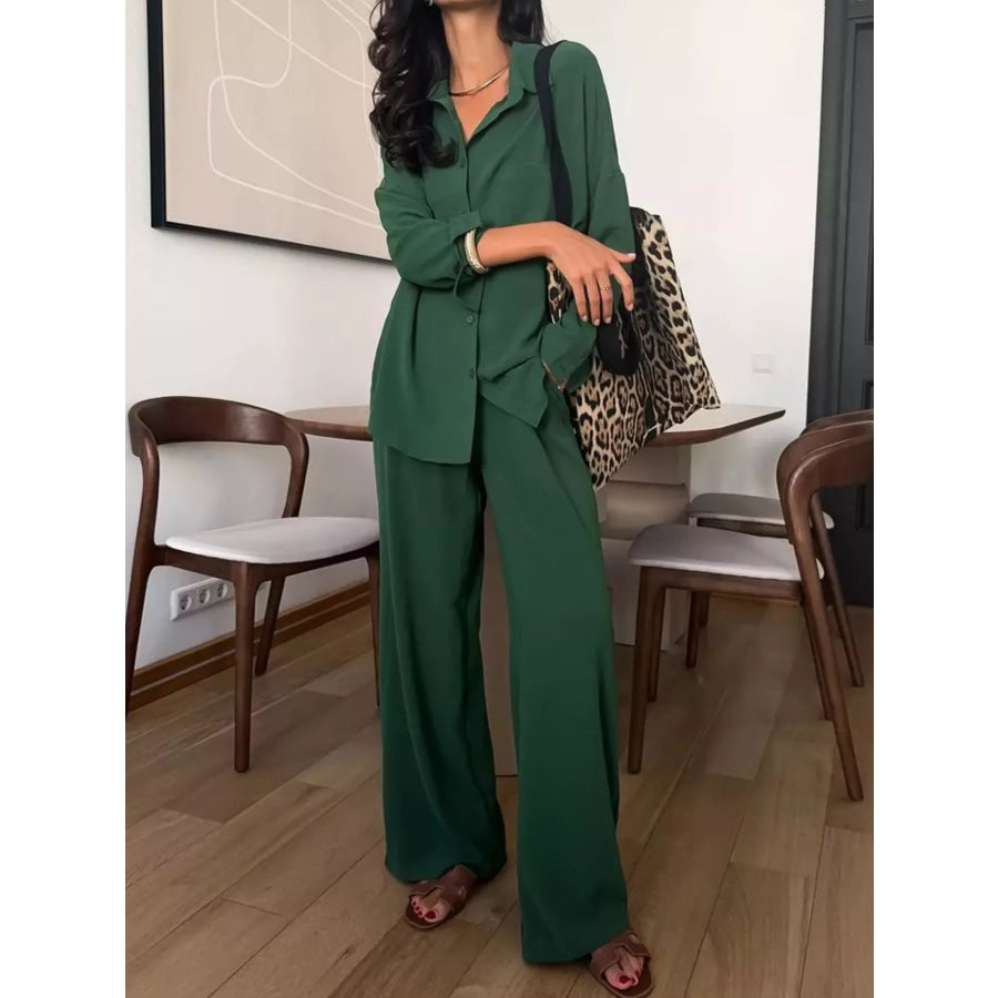 Relaxed Fit Shirt and Wide Leg Pants Set Apparel and Accessories