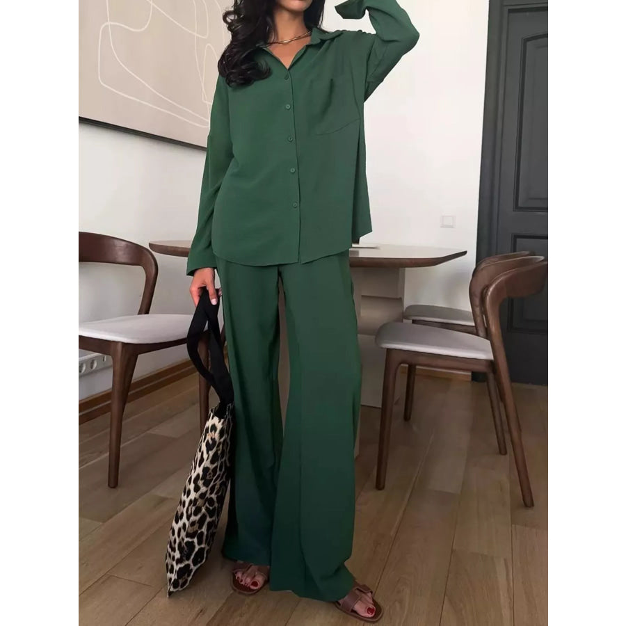 Relaxed Fit Shirt and Wide Leg Pants Set Black Forest / S Apparel and Accessories