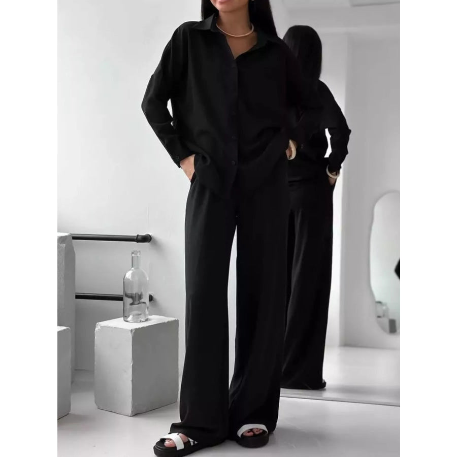 Relaxed Fit Shirt and Wide Leg Pants Set Black / S Apparel and Accessories