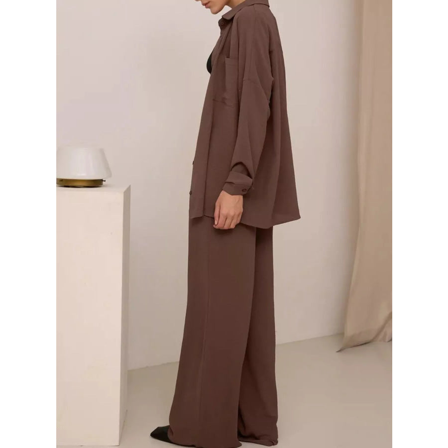 Relaxed Fit Shirt and Wide Leg Pants Set Brown / S Apparel and Accessories