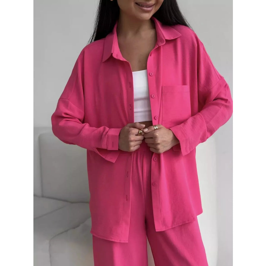 Relaxed Fit Shirt and Wide Leg Pants Set Hot Pink / S Apparel and Accessories
